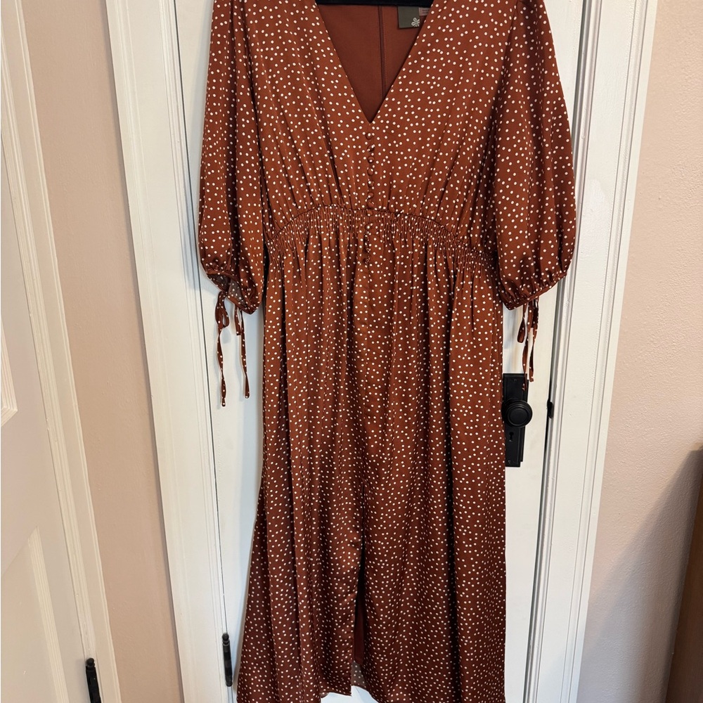 Taylor Terracotta Midi Sundress with V-Neck and Bishop Sleeves